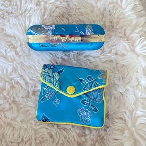 Aqua Blue zip silky oriental pouch and lipstick case